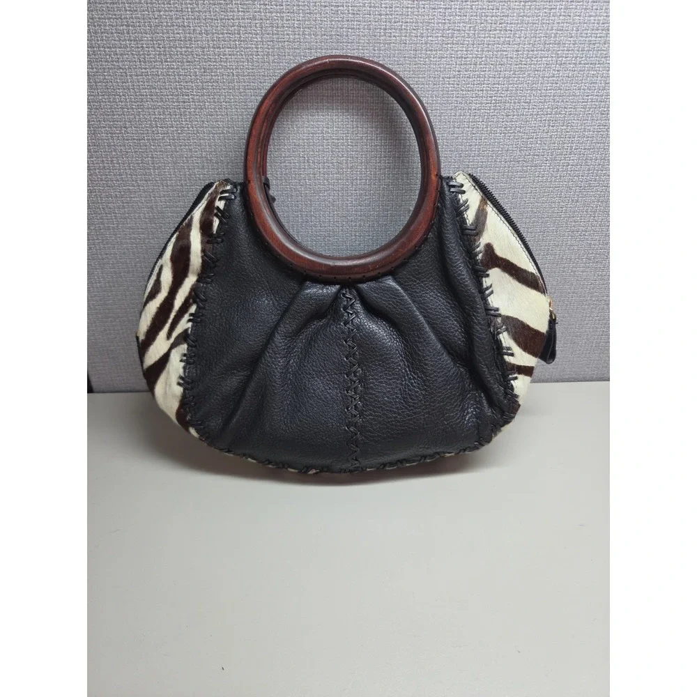 Vtg Vanessa Zebra Print calfhair & pebbled leather Hobo Handbag Wood Handle